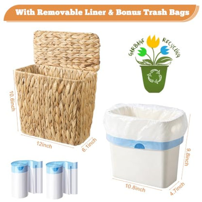 TINSKY Wicker Trash Can with Lid Boho Rattan Small Bathroom Waste Basket | 2.5 Gallon Removable Liner, Handwoven Water Hyacinth, Narrow Rattan Trash Can for Bedroom Office Kitchen Decor