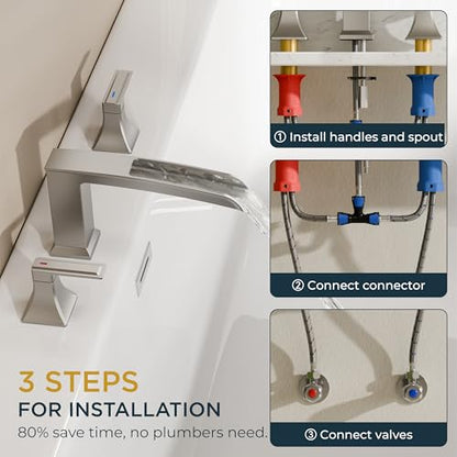 FORIOUS Roman Bathtub Faucet 3 Hole Deck Mount with 2 Handle Brushed Nickel | Tub Faucet for 3-Hole Set, 6-12" Centered Distance, Widespread Garden Bath Tub, Waterfall Spout, High Flow, Brass - color: Brushed Nickel