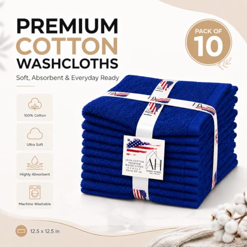 Ameri-Homes Navy Blue Washcloths Pack of 10, 100% Ring Spun Cotton | Soft Face Towel, Highly Absorbent 100% Ring Spun Cotton, 488 GSM Quick-Dry, 12.5 x 12.5 In, Wash Cloths for Bath Gym Spa - color: Navy Blue