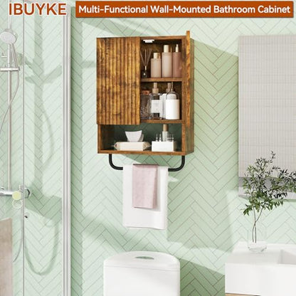 IBUYKE Bathroom Wall Cabinet Over Toilet Cabinet for Bathroom UWBS003H | with Doors and Adjustable Shelf, Towel Bar, Wall Mounted, for Laundry Room & Living Room Kitchen,Brown,Modern - color: Brown