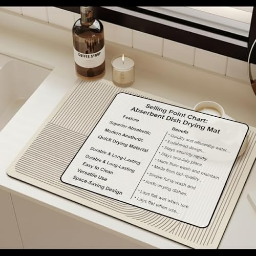 Super Absorbent & Non-Slip Geometric Rubber-Diatomite Drying Mat - Durable, Quick-Dry Kitchen and Bathroom Countertop Pad for Coffee Machines, Spices, and Essentials, Bathroom Countertop Mat