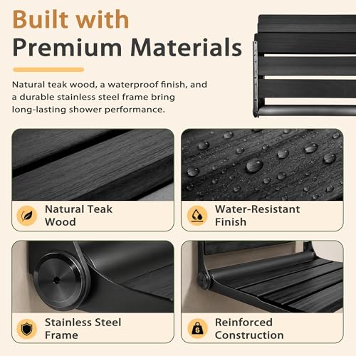 Folding Shower Seat Teak, Bathla Safety Furniture Stainless Steel, Shower Seats for Elderly, Fold Down Shower Seat, Black Wood - color: Black and Black Stainless Steel