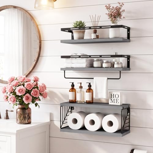 Fixwal Wall Mounted Bathroom Shelves Over Toilet (3+1 Gray) | Wall Shelf with Basket Storage , Towel Bar, Solid Wood, 22Lb Capacity, Easy DIY Install - color: 2-gray