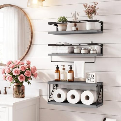 Fixwal Wall Mounted Bathroom Shelves Over Toilet (3+1 Gray) | Wall Shelf with Basket Storage , Towel Bar, Solid Wood, 22Lb Capacity, Easy DIY Install - color: 2-gray