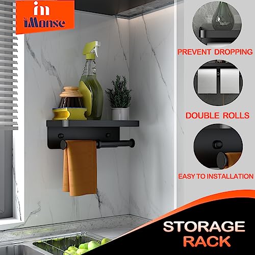 Double Toilet Paper Holder with Shelf, Commercial Toilet Paper Towel Holder Wall Mount, Tissue Roll Holder for Bathroom Kitchen RV, Double Tissue Roll Rack with Adhesive & Screw (Matte Black) - color: Black-twoside