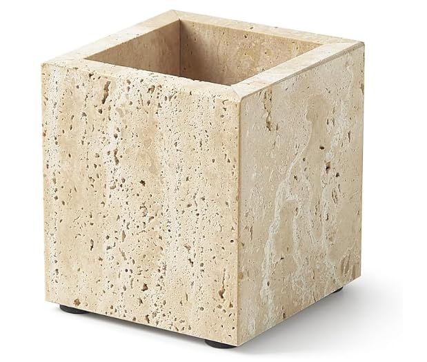 Travertine Marble Organizer Cup - Genuine Stone Toothbrush Holder, Pen & Makeup Brush Stand for Bathroom & Office Desk, Heavy Duty Non-Slip Tumbler, Modern Countertop Decor