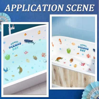 6 Pages Bathtub Sea Stickers Bulk Non Slip Bathtub Stickers with Scraper Plastic Adhesive Ocean Animal Conch Pattern Slippery Floor Decal for Shower and Bath Tub Home Decorations Gift Adult - style: Marine Animal 3