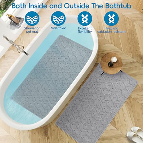 Non-Slip Rubber Bathtub Mat with Suction Cups, 17 × 35 Inch (Gray) | 100% Rubber, Leaf Texture. Vacuum Suction Cups. Soft on Touch. BPA/PVC-Free. Machine Wash. Safe For Bath, Shower, Pet Dogs. - color: Gray, size: 35" x 17" (Rectangular)