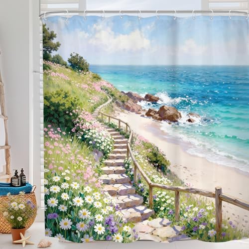 Ocean Beach Floral Sea Nautical Costal Bathroom Shower Curtain Set | Spring look; 72"W x 78"L. waterproof HD print, quick-dry fabric and free hooks for easy setup. - color: A-blue Green, size: 72"W x 78"L (Pack of 1)