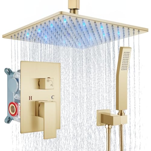 Aolemi Ceiling Shower Faucet Set with Handheld 12" LED Head Brushed Gold | Handheld Spray,12 Inch Rain LED Head,Shower Valve and Trim Kit,All Metal,Ceiling System,Bathroom Mixer - color: Gold, size: 12 Inch LED Shower Head