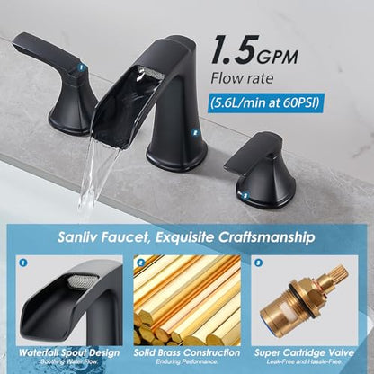 Matte Black Waterfall Bathroom Faucet, Sanliv 3-Piece Widespread Bathroom Sink Faucets, 2-Handle Vanity Faucet for 3-Hole Sinks 4-8 Inch with Pop-Up Drain, ‎Matte Black - color: Matte Black