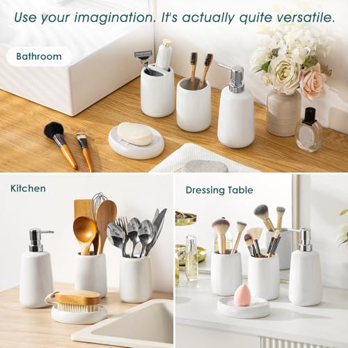 vancasso White Bathroom Accessories Set, Ceramic Soap Dispenser and Toothbrush Holder Sets, Stoneware 4 Pcs Bathroom Sink Set for Modern Home Decor - style: White