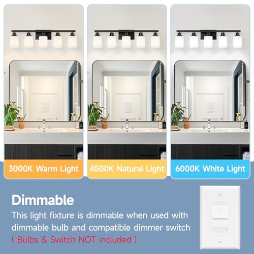5-Light Bathroom Vanity Light, Modern Matte Black Bathroom Light Fixtures with Square Frosted Glass, Wall Sconces fixtures Over Mirror Restroom,Living Room Hallway E26 - color: Black, size: 5-Light