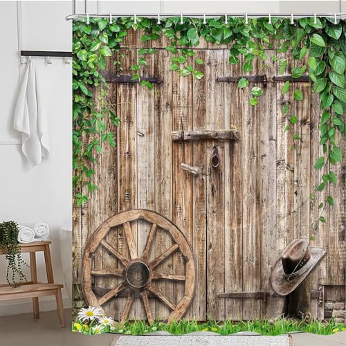 Rustic Farmhouse Country Barn Door Shower Curtain for Bathroom,Wood Board Plank Country Vintage Green Leaves Garage Cabin Decor Curtains,Wooden Wheel Boots Bath Curtains with Hooks 72X84IN - color: Pattern 11, size: 72"W x 84"L (Pack of 1)
