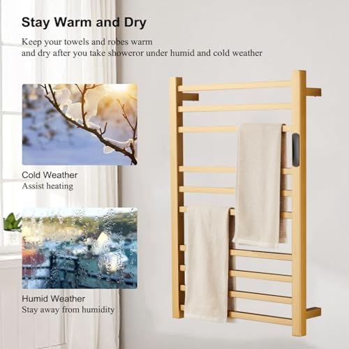 Heated Towel Rack Gold, 10 Bars Towel Warmer Rack for Bathroom Wall Mounted, Timer & Temperature Control Electric Towel Drying Rack, Hardwired