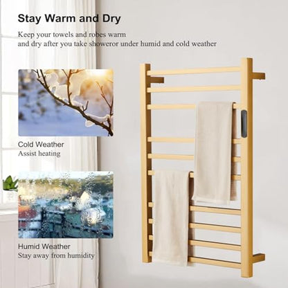 Heated Towel Rack Gold, 10 Bars Towel Warmer Rack for Bathroom Wall Mounted, Timer & Temperature Control Electric Towel Drying Rack, Hardwired