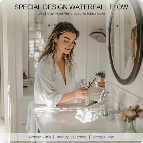 Brass Brushed Nickel Bathroom Faucet 3 Hole 4 Inch Waterfall Bathroom Faucet Single Hole, 1 Handle with Pop-up Drain, Deck Plate, cUPC Supply Pipes for Vanity, Restroom, 5 Mins Quick Install - color: Brushed Nickel