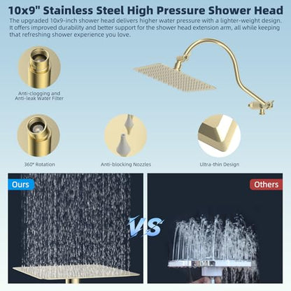 Hibbent All Metal CUPC Certified Shower Head, 10'' High Pressure Rainfall Shower Head, Handheld Showerhead Combo, 12'' Adjustable Extension Arm, 10 Sprays, 71'' Hose, Shower Holder, Polished Brass - color: Polished Brass, style: Square 10''