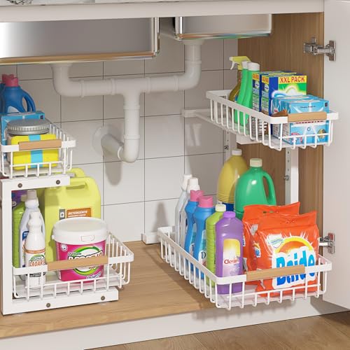 ADRIMER Under Sink Organizer 2 Packs, Pull Out Kitchen Sink Organizer, 2 Tier Slide Out Kitchen Organizers and Storage Bathroom Under Cabinet Storage Shelf, White - color: 2 Packs-White