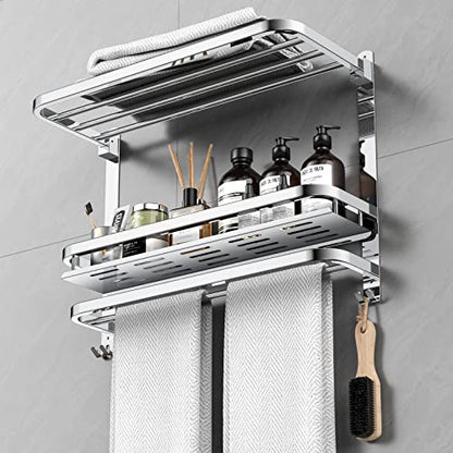 CAXIMSY Towel Rack with Shelf, 22.63" Bathroom Shelf with Double Towel Bars Stainless Steel, Wall Mounted, Foldable Top, 2 Hooks, Adhesive/Screw Install, Space-Saving for Small Bathrooms & Apartments - color: Collapsible Towel Rack With Bathroom Organize