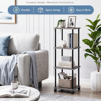 4-Tier 38.2" Tall Oak Grey Bathroom Shelving Unit with Wheels | Wood Finish, Metal Frame, Rolling Narrow Open Shelf Design, for Laundry Room, Kitchen, Living Spaces, Easy to Move - color: Oak Grey, size: 4-Tier