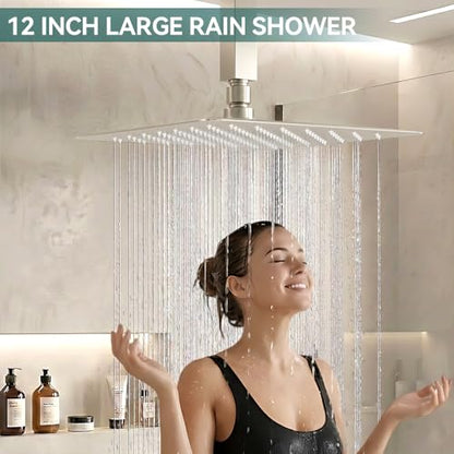 Shower System Shower Faucet Set, STARBATH 12" Ceiling Mount Rain Shower Head and Handheld Spray for Two Person, Shower Faucet Set with Diverter Valve and Trim Kit Complete,Brushed Nickel
