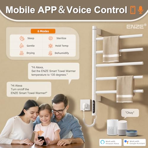 Smart Rotating Heated Towel Rack, White | 5-Bar Electric, Swivel Bars, Wi-Fi App Control, 24H Timer, Stainless Steel - color: White 16.34"x26.77"