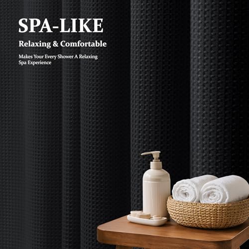 Extra Long Waffle Shower Curtain 256 GSM Fabric 72"x84" Black | 84 Inch Long, Thick Cloth, Weighted Hem, Water Repellent, Tall Hotel Luxury Polyester Shower Curtains for Bathroom 12 Hooks - color: Black, size: 72"W x 84"L (Pack of 1)