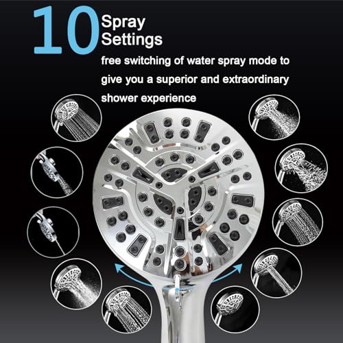 High Pressure Shower Head with Magnetic Back Fixed Base Design,Handheld Showerhead with Hose Set Stainless Steel 59 inches/5 ft 10-Setting 5 inches Large Face,Chrome Finish - color: Metallic Silver