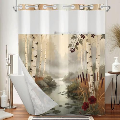 No Hook Birch Trees Shower Curtain with Snap in Liner, 71Wx74L | Double Layer Waterproof Bath Curtain with Mesh Top, Nature Misty Forest Woodland & Lake Landscape Print for Rustic Bathroom - color: Nature Landscape