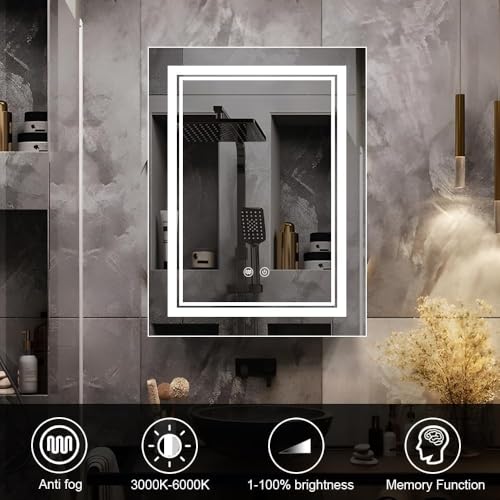 High-End Led Medicine Cabinet,Lighted Medicine Cabinet,3 Colors&Dimmable,Demister,Lighted Glass Shelf,USB Shaver Socket.Surface Mount or Recess Mount,20×28inch - size: 20×28inch