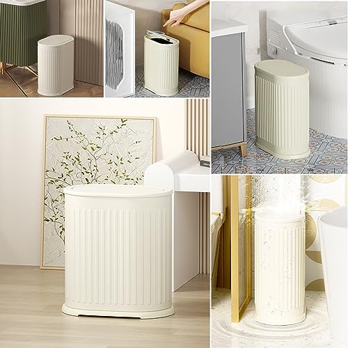 1.6 Gallon Trash Can with Lid, Small Bathroom Trash Can Wastebasket, Slim Garbage Can with Inner Bucket, Press Top Lid Garbage Container Bin for Kitchen, Home, Office, Bedroom, Living Room - color: Cream White