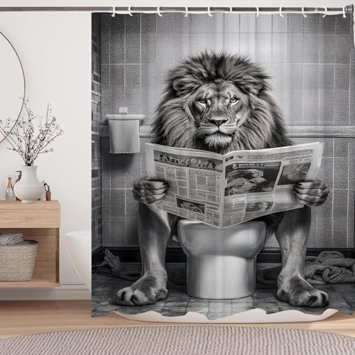Funny Lion Shower Curtain, Funcy Humor Leo Animal on Toilet Shower Curtains Set, Black and White Shower Curtains, Large Cat Bathroom Curtain with Hooks 60x72 inch - color: White Black, size: 60"W x 72"L (Pack of 1)
