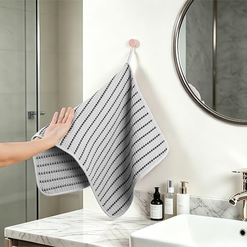POLYTE 430 GSM Poly Blend Microfiber Quick Dry Waffle Hand Towel, 16x30 in | 4 Pack, Oversize, Lint Free, Quick Dry, Hanging Loop - color: Light Gray/Black