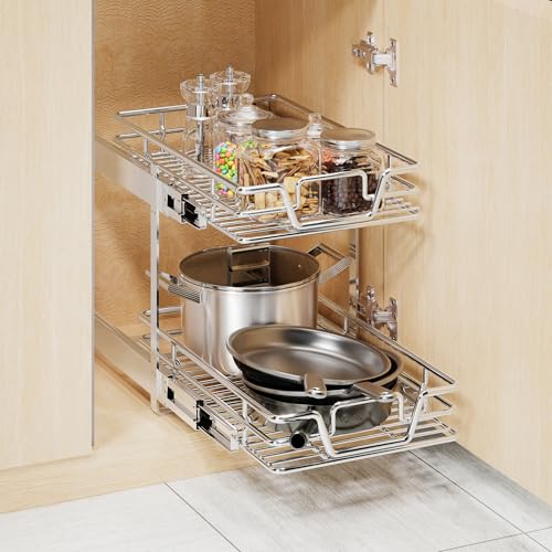 2-Tier Kitchen Cabinet,Pull Out Cabinet Organizer,Shelf and Drawer Organizer Slide Out Pantry Storaqe Basket in Multiple Sizes (12" W x21 D) - size: 12" W x21" D