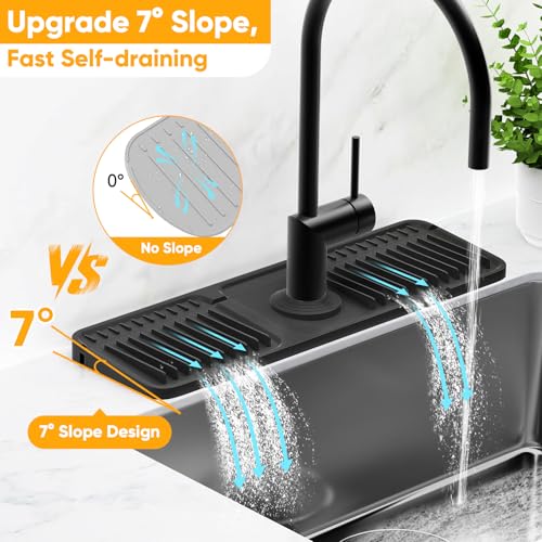 17.7'' Folding Faucet Mat for Kitchen Sink Splash Guard[7° Slope Fast Self-draining][Snap Lock Fit] Kitchen Sink Faucet Mat Splash Guard Kitchen Sink Area Water Splash Guard Behind Faucet Draining Mat - color: Black, size: 17.7" x 5.5"