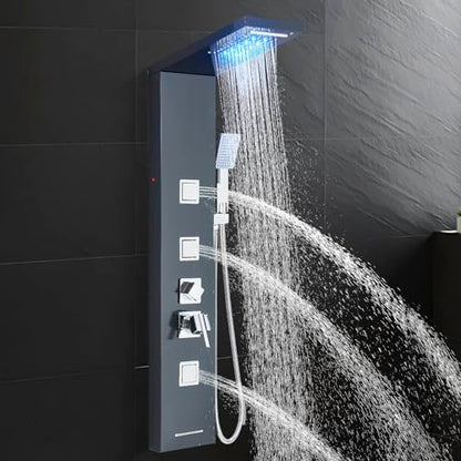 AlenArt Stainless Steel LED Shower Panel Tower System, Bathroom 5-Function Shower Panel Tower with LED Rainfall Waterfall Shower Head, Massage Jets, Tub Spout, Handheld Shower, Black-8126 - color: Black-8126