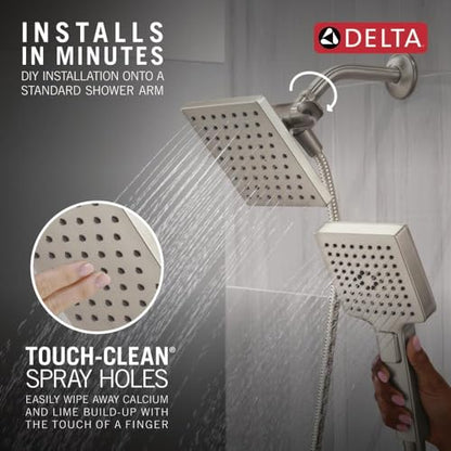 Delta Square 2-in-1 Dual Shower Head with 4-Setting HandHeld Spray, Brushed Nickel Detachable Double Shower Head with Hose, Showerhead, 1.75 GPM Flow Rate, Stainless 75755SS - color: Stainless
