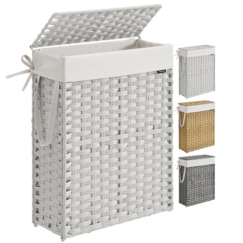SONGMICS Slim Laundry Hamper with Lid, 14.5 Gallon (55L) Rattan Clothes Laundry Basket with Lid and Handles, Foldable, Removable Liner, Cloud White ULCB164W01 - color: Cloud White, size: 55 L