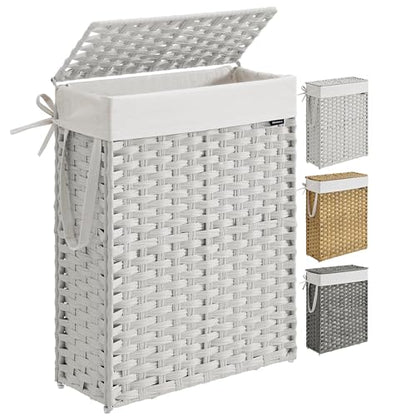 SONGMICS Slim Laundry Hamper with Lid, 14.5 Gallon (55L) Rattan Clothes Laundry Basket with Lid and Handles, Foldable, Removable Liner, Cloud White ULCB164W01 - color: Cloud White, size: 55 L