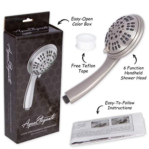 Aqua Elegante Luxury Handheld Shower Head - 2.5 GPM - Brushed Nickel | 6 Function High Pressure Hand Held Showerhead for Low Water Flow with Self-Clean Nozzles, Easy Install Replacement Sprayer - color: Brushed Nickel, size: 2.5 GPM