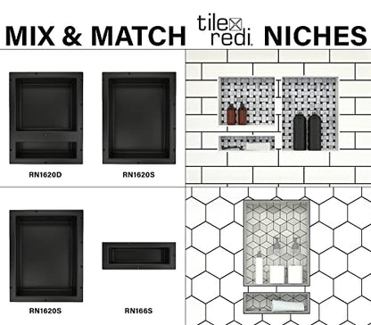 Tile Redi USA RN1620S-BI Redi Niche Single Recessed Shower Shelf, One Inner Shelf, 20" H x 16" W, Black - size: 20" H x 16" W (1 Shelf)