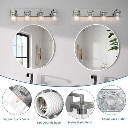 4-Light Bathroom Light Fixtures, Brushed Nickel Vanity Lights for Bathroom, Kitchen, Living Room, Modern Bathroom Vanity Lights with Clear Glass Shades - color: Brushed Nickel, size: 4 Light