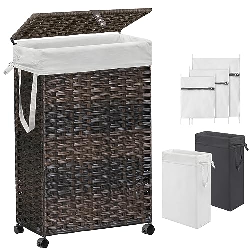 70L Slim Laundry Hamper with Lid & Wheels, Rolling Laundry Basket with 2 Removable Liner Bags & 3 Mesh Bags, Narrow Dirty Clothes Basket, Foldable Handwoven Rattan Laundry Sorter, Brown - color: Brown