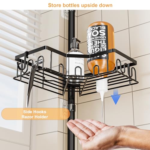 Corner Shower Caddy Tension Pole - 4-Tier Shower Corner Shelf for Bathtub Bathroom Shower Organizer - Adjustable 34in-120in, Space Saving Bathtub Accessory Shelves, Black