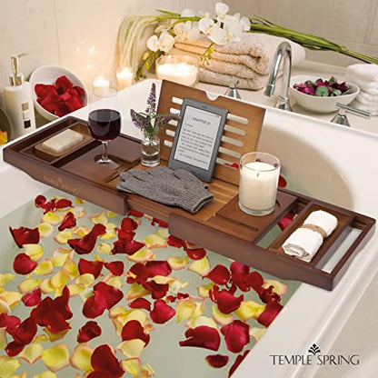 Bamboo Bathtub Tray Caddy for Tub — Expandable Wood Bath Tray with Solid Book Stand Wine Holder and Non-Slip Pads — Includes Bamboo Soap Dish and Spa Accessories — Luxury Bath Gift Set - color: Brown