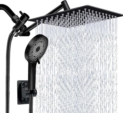 Shower Head,10 Inch High Pressure Rain Shower Head with Handheld Spray Combo, Adjustable Dual Rainfall Shower Head - Showerhead Comb Set with Extension Arm - 60 Inch Long Shower Hose(Black) - color: Black, size: 10 Inch - Standard