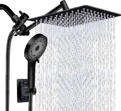 Shower Head,10 Inch High Pressure Rain Shower Head with Handheld Spray Combo, Adjustable Dual Rainfall Shower Head - Showerhead Comb Set with Extension Arm - 60 Inch Long Shower Hose(Black) - color: Black, size: 10 Inch - Standard