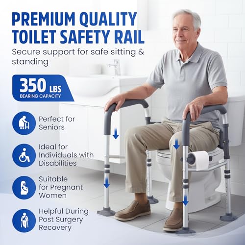 Toilet Safety Rails for Seniors 350lb, Adjustable Height & Width Toilet Bars for Elderly | Foldable Non-Slip Toilet Safety Frame, 4 Suction Cups & 4 Tips, Reinforced 2 C-Clamp – Fits Most Toilets