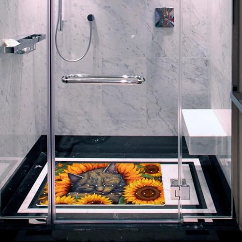 Shower Mat Non-Slip Bathtub Mats with Suction Cups and Drain Holes, Sleeping Cat Sunflower Design, Easy to Clean for Bathroom, 26.8x15.1In - color: Multi 13